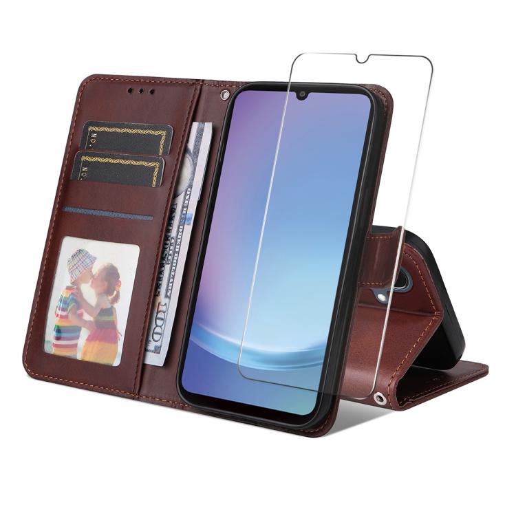 ENKAY - Funda de piel con textura de becerro y protector de pantalla para Samsung Galaxy A07 (marrón)