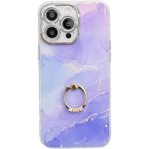 Funda para Teléfono iPhone 15 Pro Max Soporte de Anillo Textura Mármol Galvanizado (Azul Púrpura)