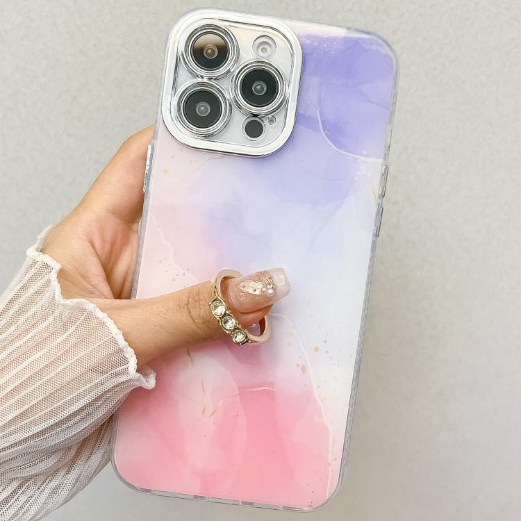 Estuche para Teléfono iPhone 16 Plus Soporte de Anillo Textura Mármol Galvanizado (Morado Claro)