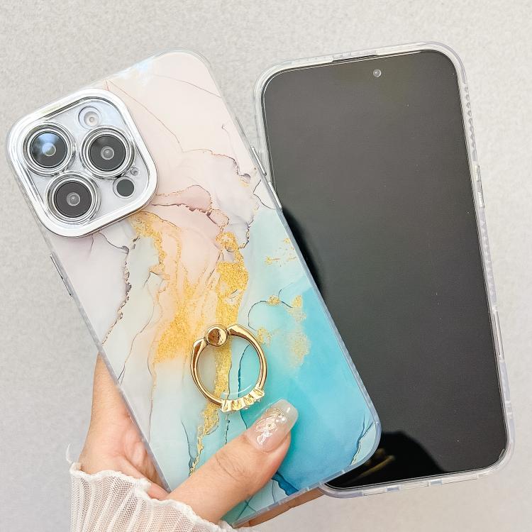 Funda para Teléfono iPhone 14 Soporte de Anillo Textura Mármol Galvanizado (Azul y Verde)