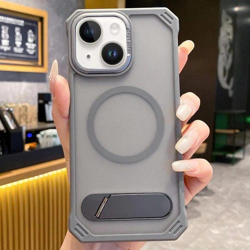 Funda para Teléfono PC Magsafe sin Marco Tacto de Piel Soporte Plegable para iPhone 14 (Gris)