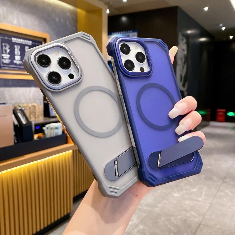 Funda para teléfono PC Magsafe sin marco con tacto de piel y soporte plegable para iPhone 14 (Morado)