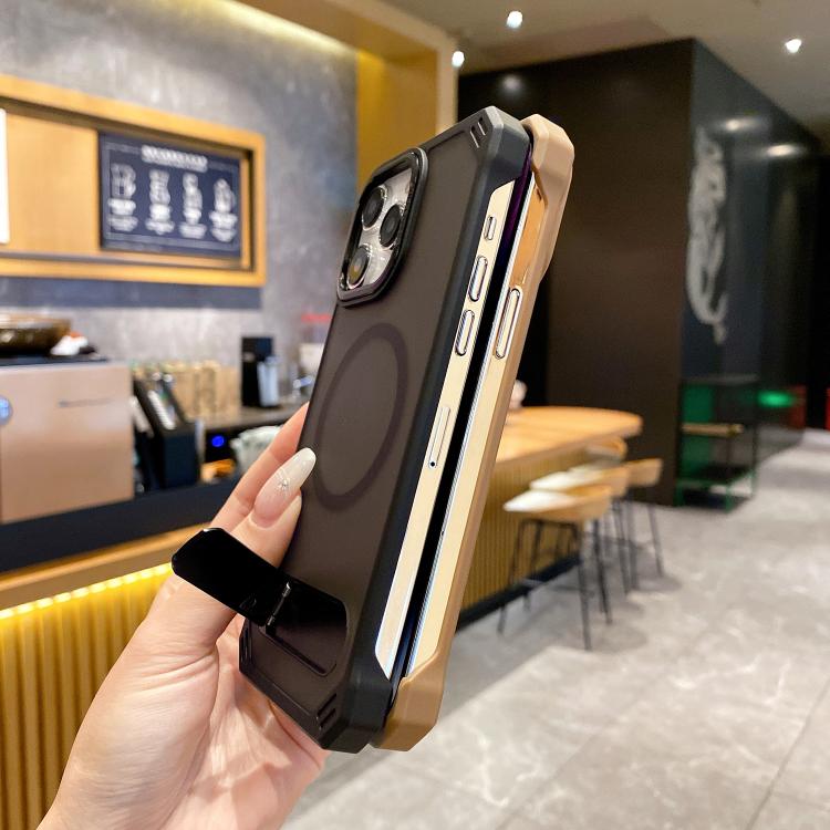 Funda para teléfono PC Magsafe sin marco con tacto de piel y soporte plegable para iPhone 14 (Morado)