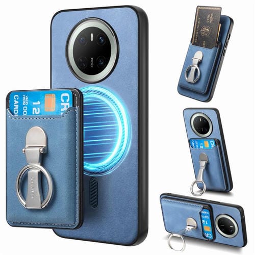 Estuche para Teléfono Huawei Mate 70 Magsafe con Soporte, Tarjetas y Anillo Plegable (Azul)