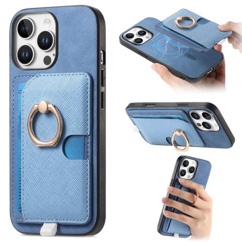 Funda para iPhone 16 Pro Max con Ranuras para Tarjetas Diseño Retro Cruz Anillo Lateral (Azul)