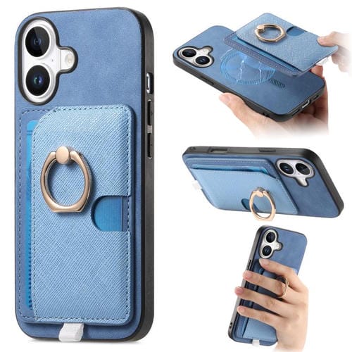 Funda para iPhone 16 con Ranuras para Tarjetas y Anillo de Cuero (Azul)