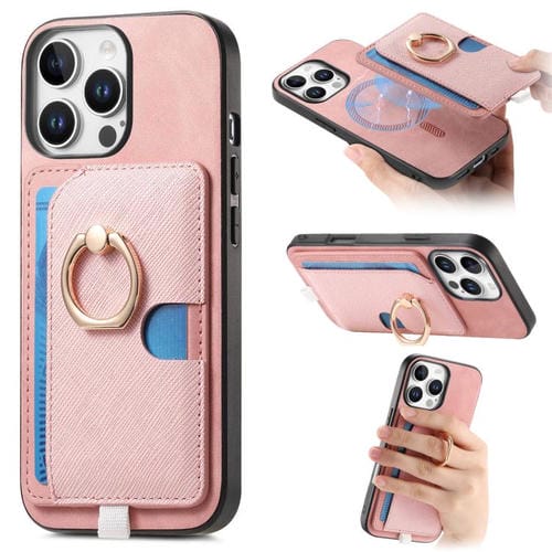 Funda para Teléfono Magsafe iPhone 13 Pro Max Ranuras Tarjetas Anillo Lateral Cuero Diseño Retro Cruzado (Rosa)