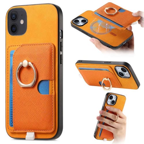 Funda para Teléfono Magsafe con Anillo Lateral de Cuero con Cruz Retro para iPhone 12/12 Pro (Amarillo)