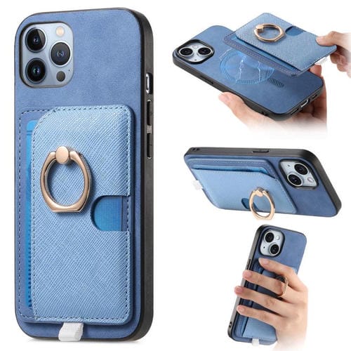 Funda para iPhone 11 Pro Max con Ranuras para Tarjetas Diseño Retro Cruz y Anillo Lateral (Azul)
