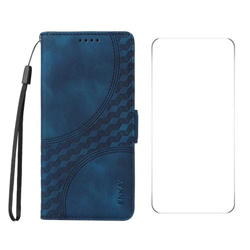 Funda de Cuero Enkay con Estampado de Rombos y Estrellas para Motorola Moto G55 con Película de Pantalla (Azul)