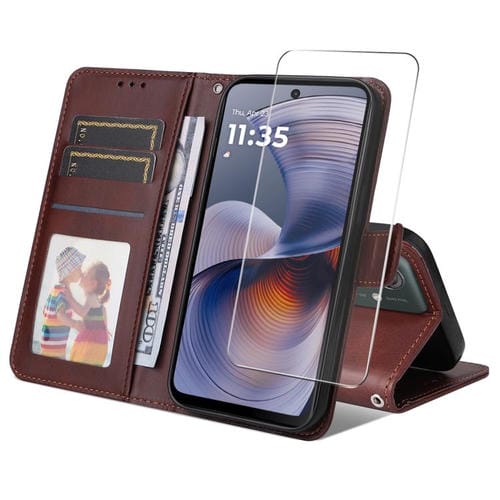 Funda para Teléfono Enkay con Textura de Piel de Becerro y Tarjetero para Motorola Moto G55 (Marrón)