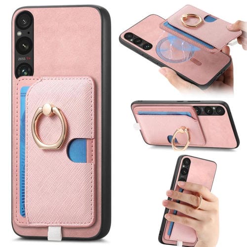 Estuche para Teléfono Sony Xperia 1 V con Ranuras para Tarjetas y Anillo Lateral (Rosa)