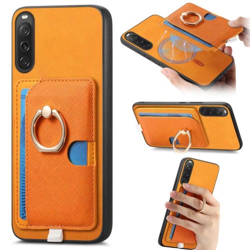 Estuche para Teléfono Sony Xperia 10 V con Ranuras para Tarjetas y Anillo Lateral (Amarillo)