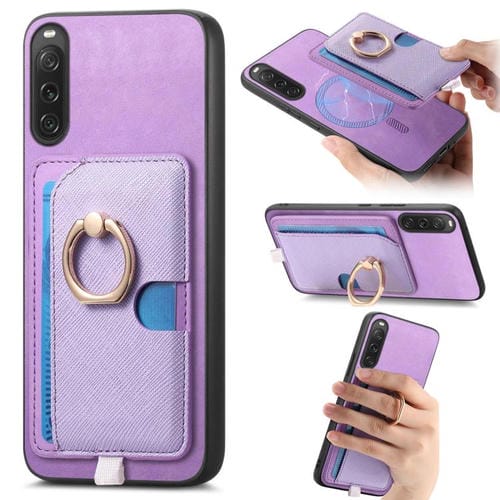 Funda para Teléfono Sony Xperia 10 V con Ranuras para Tarjetas y Diseño Retro (Morado)