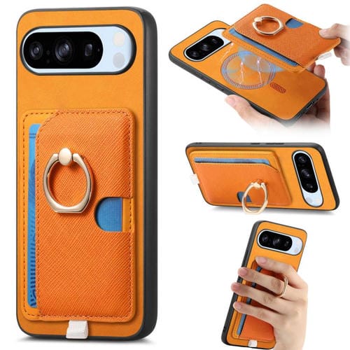Funda para Google Pixel 8 Pro con Ranuras para Tarjetas y Anillo de Cuero Retro Cruzado (Amarillo)