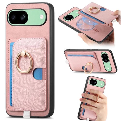 Funda para Teléfono Google Pixel 7A con Ranuras para Tarjetas y Anillo Lateral (Rosa)