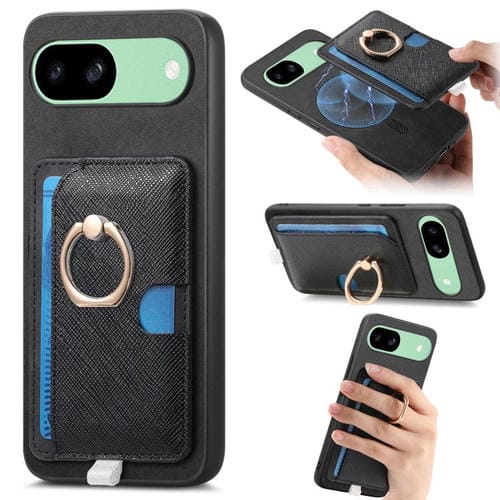 Funda para Google Pixel 7A con Ranuras para Tarjetas, Diseño Retro Cruz, Anillo Lateral (Negro)