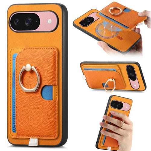 Funda para Google Pixel 9/9 Pro con Ranuras para Tarjetas, Diseño Retro Cruz, Cuero y Anillo Lateral (Amarillo)