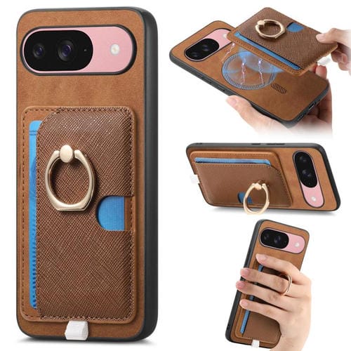Funda para Google Pixel 9/9 Pro con Ranuras para Tarjetas, Diseño Retro Cruz de Cuero y Anillo Lateral (Marrón)