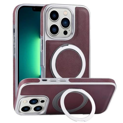 Funda para Teléfono Cuero Granulado con Soporte Magsafe Giratorio para iPhone 13 Pro Max (Rojo Oscuro)