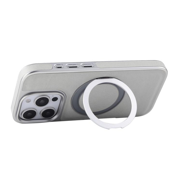 Funda para Teléfono con Soporte Magsafe Giratorio de Cuero Granulado para iPhone 16 Plus (Verde Grisáceo)