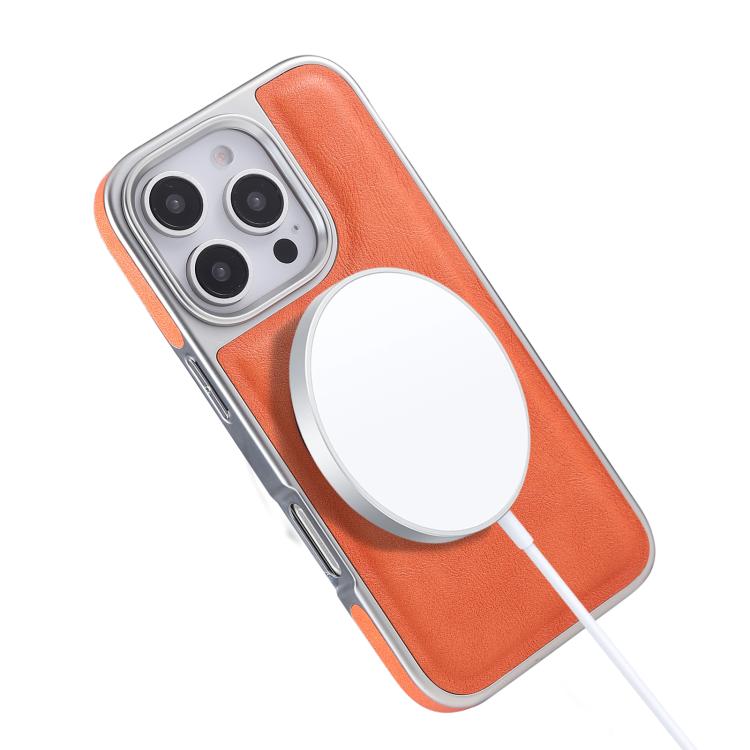 Funda para Teléfono iPhone 14 con Soporte Magsafe Giratorio de Piel Granulada (Naranja)