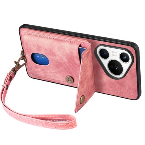 Funda de cuero plegable con correa para Huawei Pura 70, estilo retro, con tarjetero (rosa)