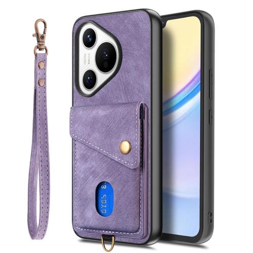 Funda de cuero plegable con correa para Huawei Pura 70, estilo retro, con tarjetero (morado)