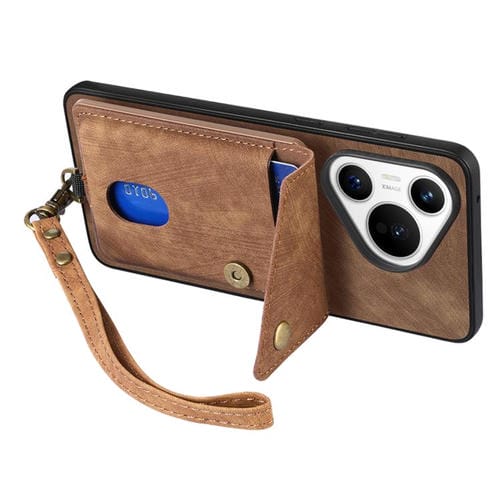 Funda de cuero plegable con correa para Huawei Pura 70 Pro / 70 Pro+, estilo retro, con tarjetero (marrón)