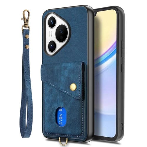 Funda plegable de cuero con correa para Huawei Pura 70 Ultra, estilo retro, con tarjetero (azul)