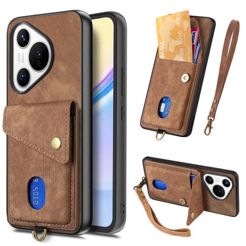 Funda plegable de cuero con correa para Huawei Pura 70 Ultra, estilo retro, con tarjetero (marrón)