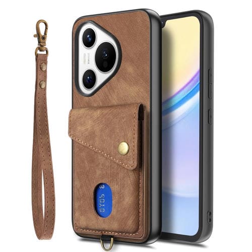 Funda plegable de cuero con correa para Huawei Pura 70 Ultra, estilo retro, con tarjetero (marrón)