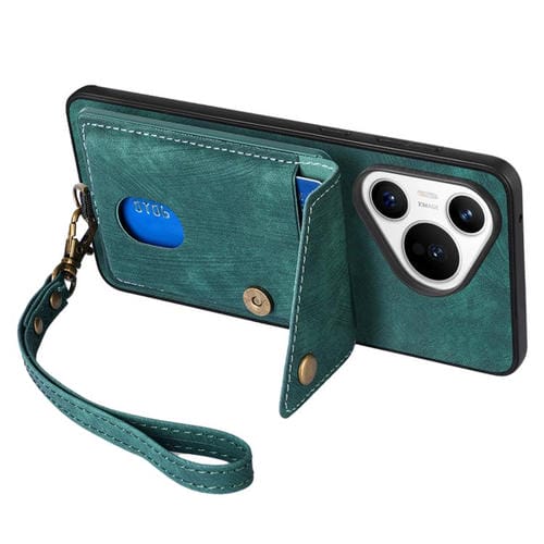 Funda plegable de cuero con correa para Huawei Pura 70 Ultra, estilo retro, tipo billetera (verde)