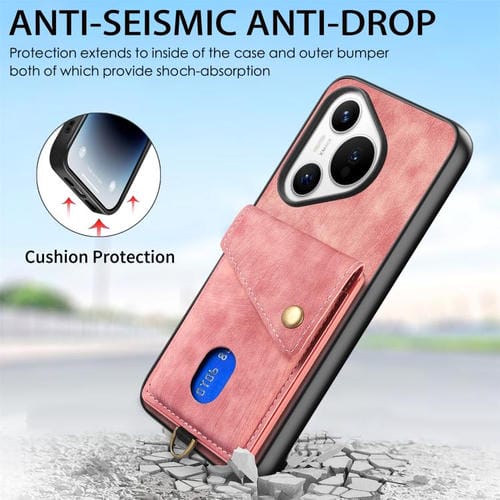 Funda plegable de cuero con correa para Huawei Pura 70 Ultra, estilo retro, con tarjetero (rosa)