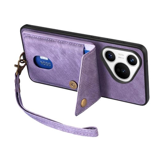 Funda de cuero plegable con correa para Huawei Pura 70 Ultra, estilo retro, con tarjetero (morado)