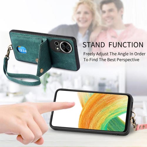 Funda plegable de cuero con correa para Huawei Pura 70, estilo retro, con tarjetero (verde)