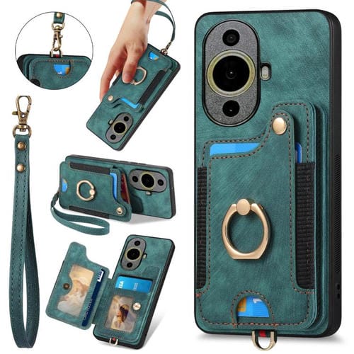 Funda para Teléfono Huawei Nova 11 con Billetera MultiTarjeta y Anillo (Verde)