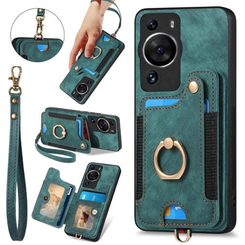 Funda para Teléfono Huawei P60 con Billetera MultiTarjeta Diseño Retro Piel Sintética Anillo (Verde)