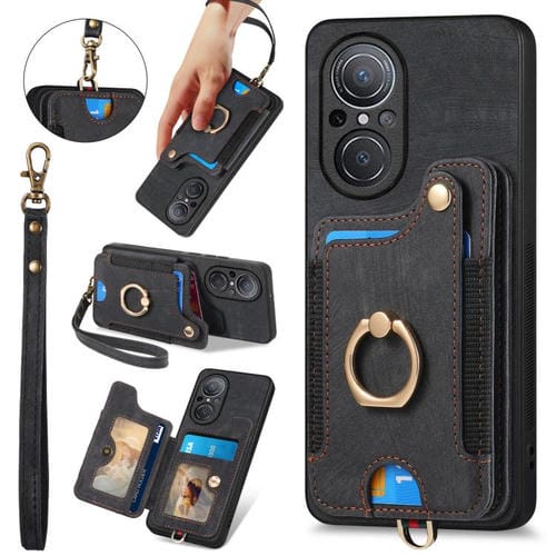 Funda para Huawei Nova 9 Se con Billetera MultiTarjeta, Diseño Retro, Piel Sintética y Anillo (Negra)