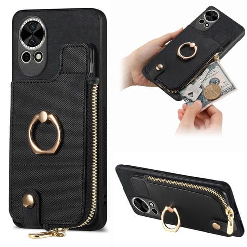 Funda para Teléfono Huawei Nova 12 con Cremallera Vertical y Anillo de Cuero Cruzado (Negro)