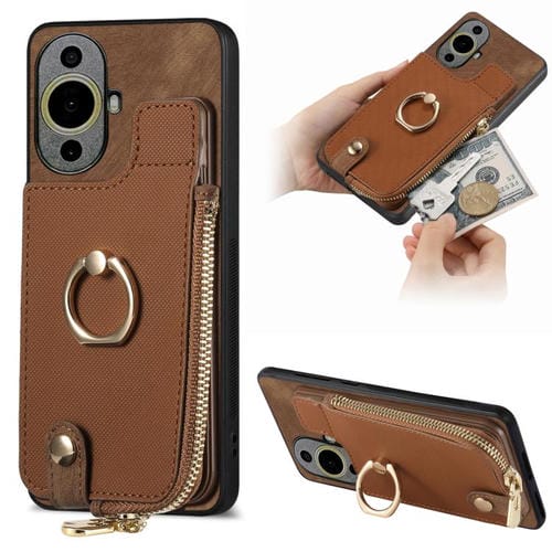 Funda para Teléfono Huawei Nova 11 con Cremallera Vertical y Anillo de Cuero Cruzado (Marrón)
