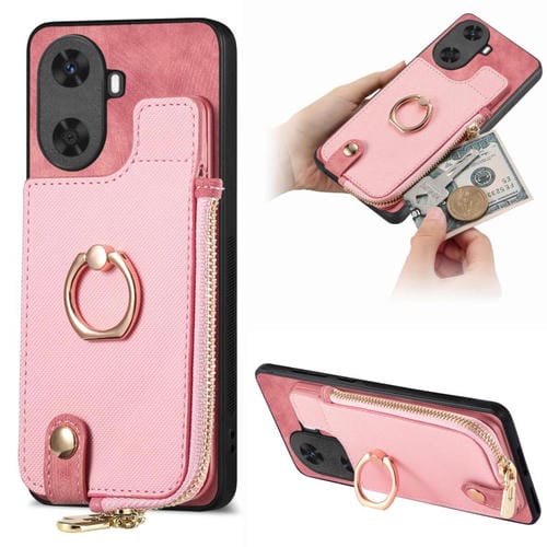 Funda para Huawei Enjoy 60 con Cremallera Vertical y Anillo de Cuero Cruzado (Rosa)