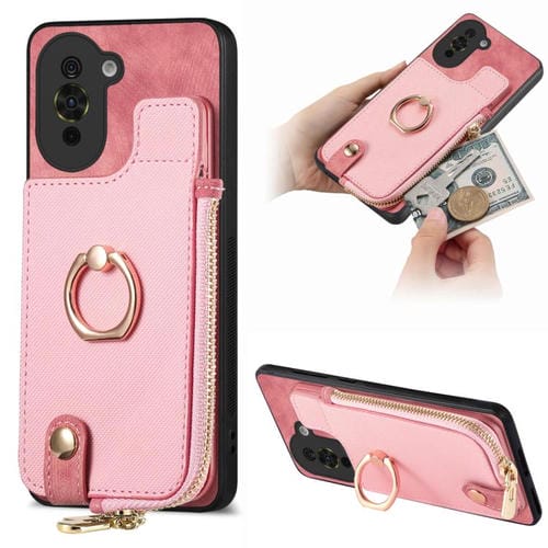 Funda para Teléfono Huawei Nova 10 con Cremallera Vertical y Anillo de Cuero Cruzado (Rosa)