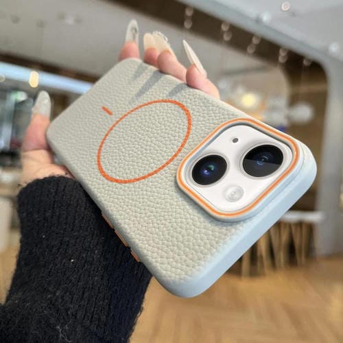 Funda TPU iPhone 13 con Diseño Grano de Lichi y Anillo Magsafe (Gris)
