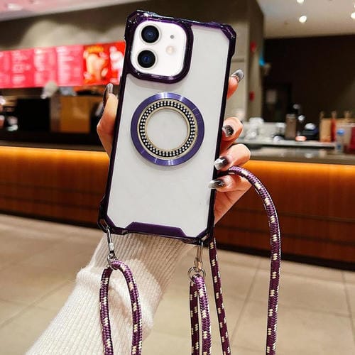 Funda para Teléfono TPU iPhone 12 Traveler Crossbody con Cuatro Esquinas y Cordón (Morado)