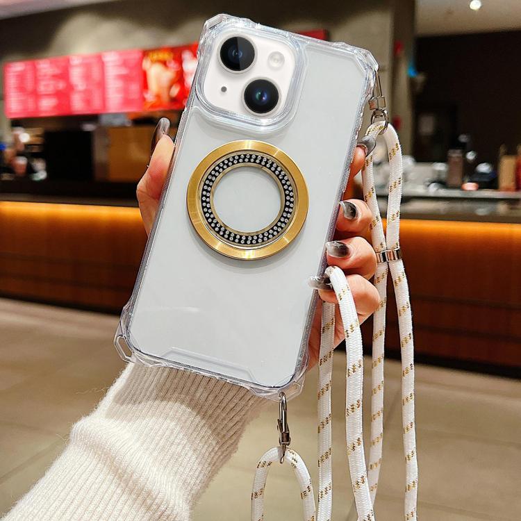 Funda para Teléfono TPU iPhone 14 Traveler Crossbody con Cuatro Esquinas y Cordón (Blanca)