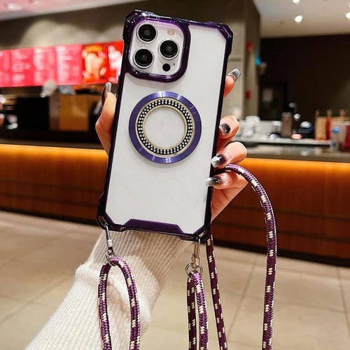 Funda para Teléfono TPU iPhone 14 Pro Max Traveler Crossbody con Cuatro Esquinas y Cordón (Morado)