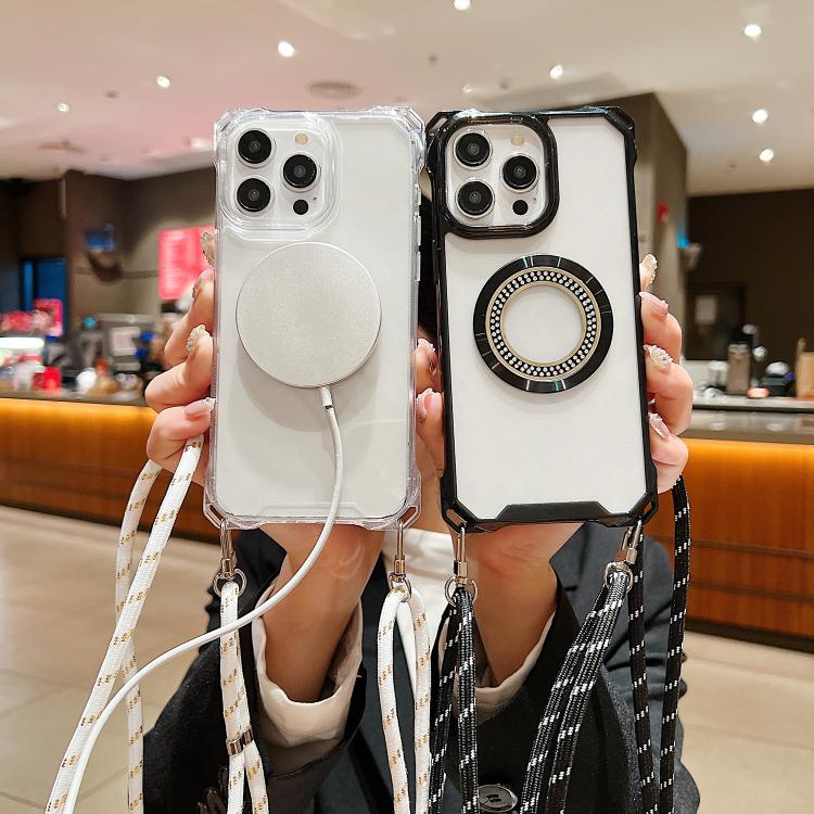 Funda de Teléfono TPU Transparente con Cuatro Esquinas y Cordón para iPhone 14 Pro Max (Negro)