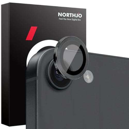 Protector de Lente de Cámara Northjo para iPhone 16E Anillo de Metal Película de Vidrio Templado (Negro)