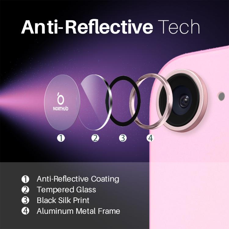 Protector de Lente de Cámara Northjo para iPhone 16E Anillo de Metal Película de Vidrio Templado (Rosa)
